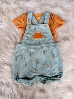Sage Green Pineapple Overalls with Orange Tee - Size 6 months